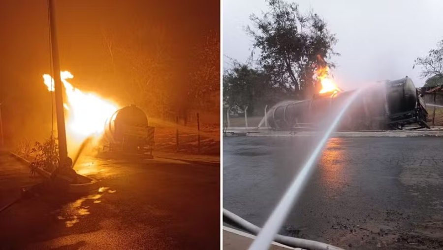 Carreta carregada com petróleo condensado pega fogo na SP-349, em Álvaro de Carvalho