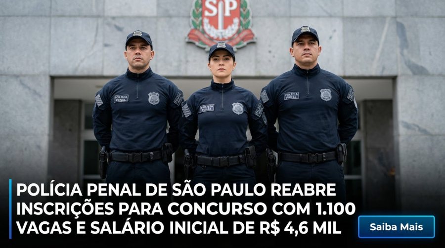 Polícia Penal de São Paulo reabre inscrições para concurso com 1.100 vagas e salário inicial de R$ 4,6 mil