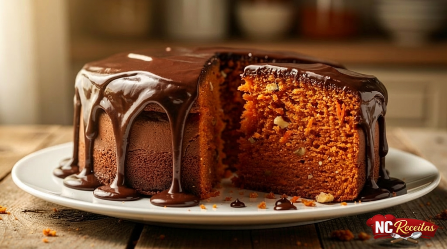 Bolo de cenoura com cobertura de chocolate cremosa é clássico que nunca sai de moda