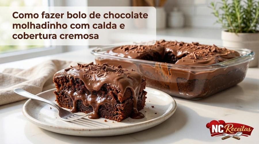 Como fazer bolo de chocolate molhadinho com calda e cobertura cremosa