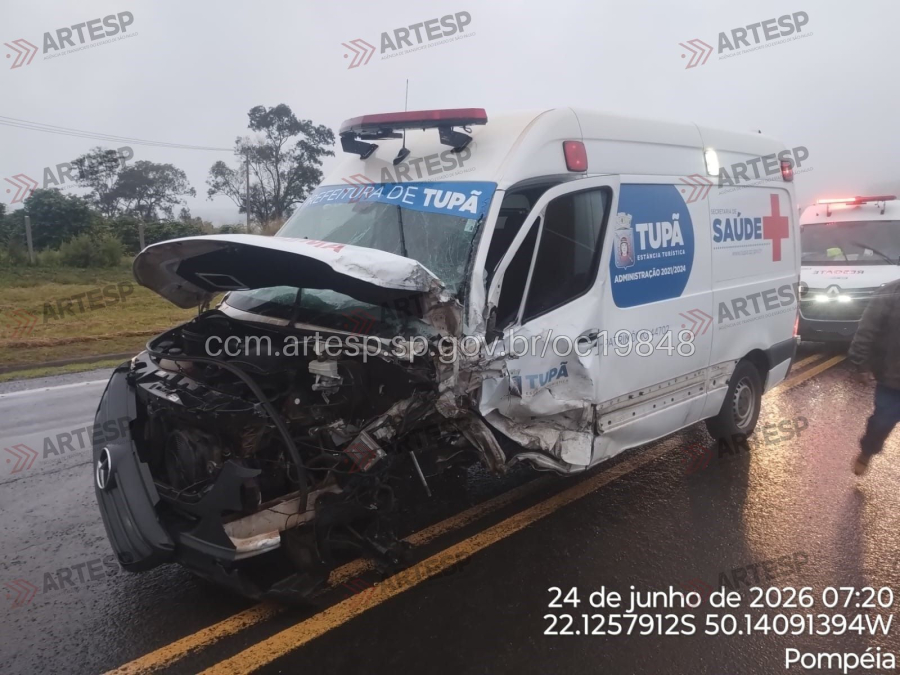 Grave acidente entre ambulância e SUV deixa oito vítimas na SP-294 em Pompeia